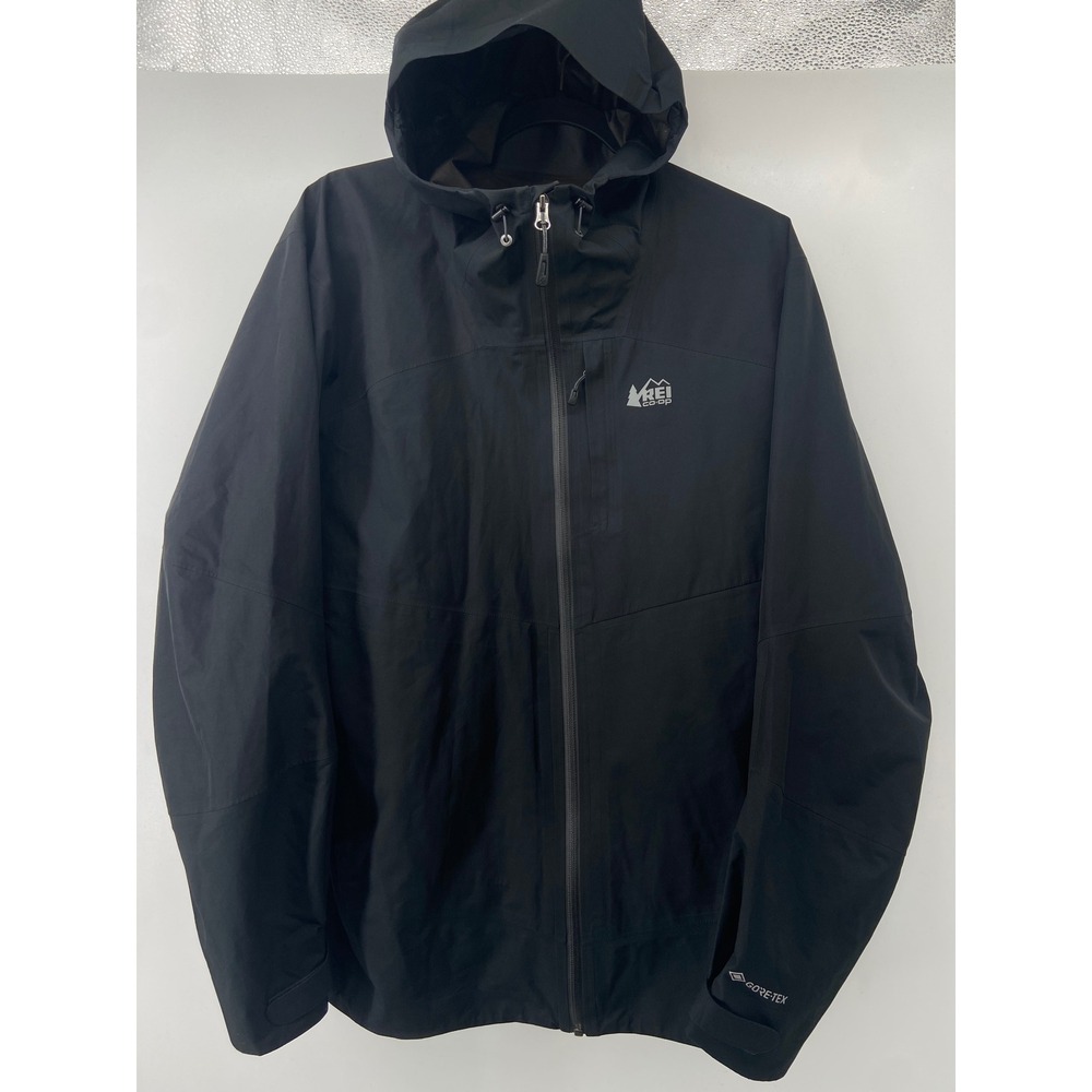 REI Co-op Jacket Men Large Black Waterproof Hooded Hiking Rain Coat Windbreaker